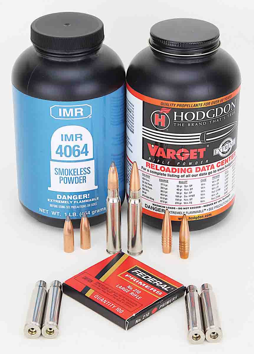 Reloading the 8x57J included IMR-4064 powder and jacketed softpoints, as well as modern Varget and lathe-turned, pure copper bullets.